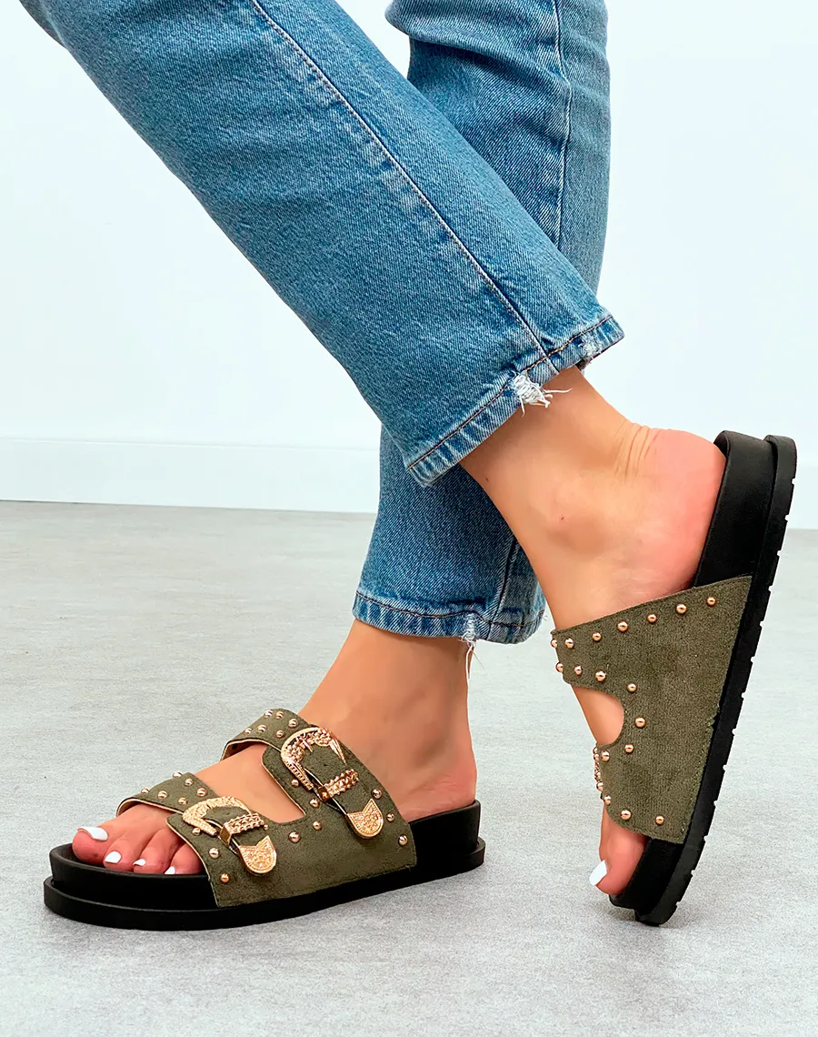 Mules Vert Kaki en Suédine avec Double Sangle Cloutée  Audace Tendance